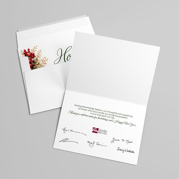 holiday card with decorative berries and text