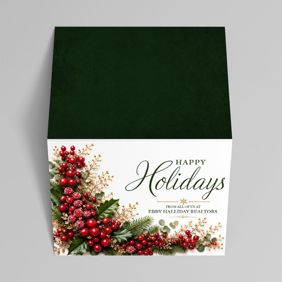 holiday card design with green top and festive decoration