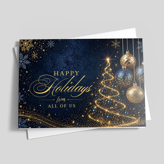 holiday card design with Christmas tree and ornaments