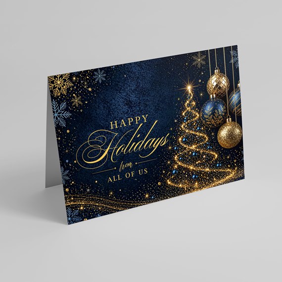holiday card with ornaments and tree design