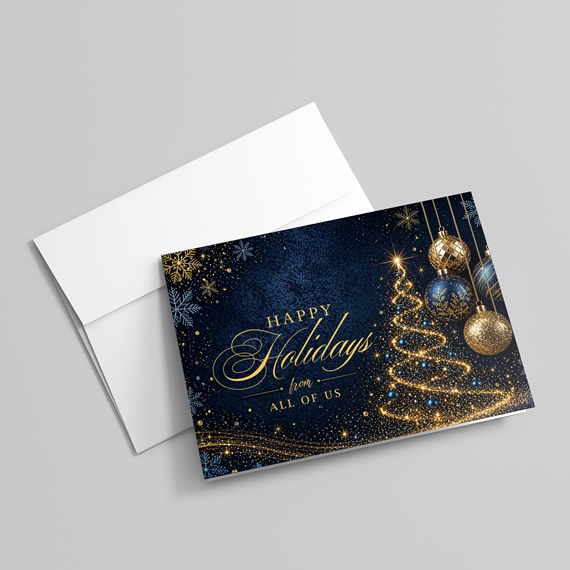 holiday card with ornaments and tree, customizable text area