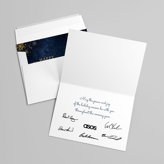 holiday card with navy blue and gold design, customizable text area