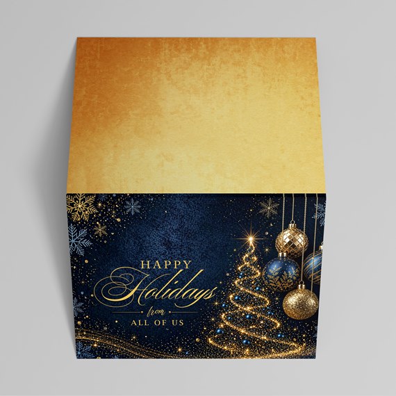 decorative holiday box with gold top and blue base, text area