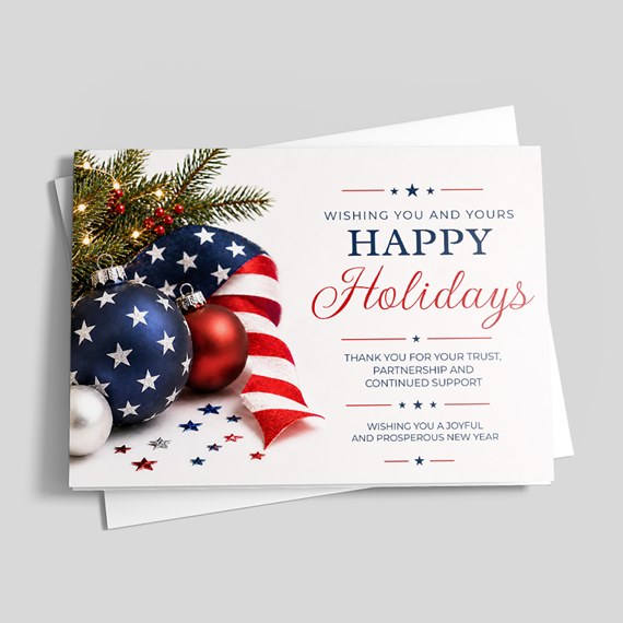 holiday card with ornaments and text
