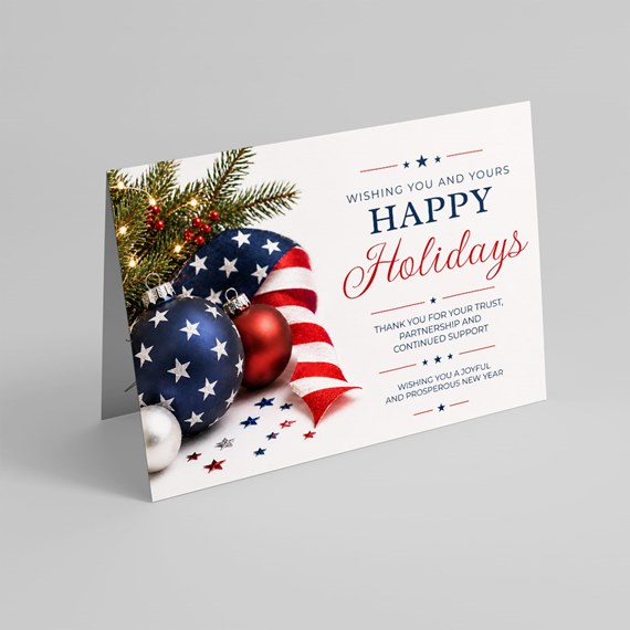 holiday card with ornaments and text
