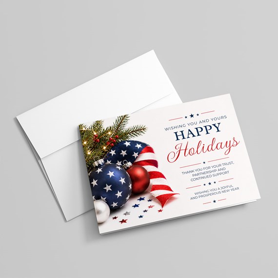 holiday card with ornaments and text
