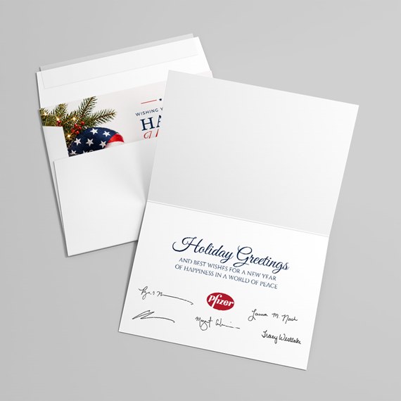 folded card with holiday greetings and logo placeholder