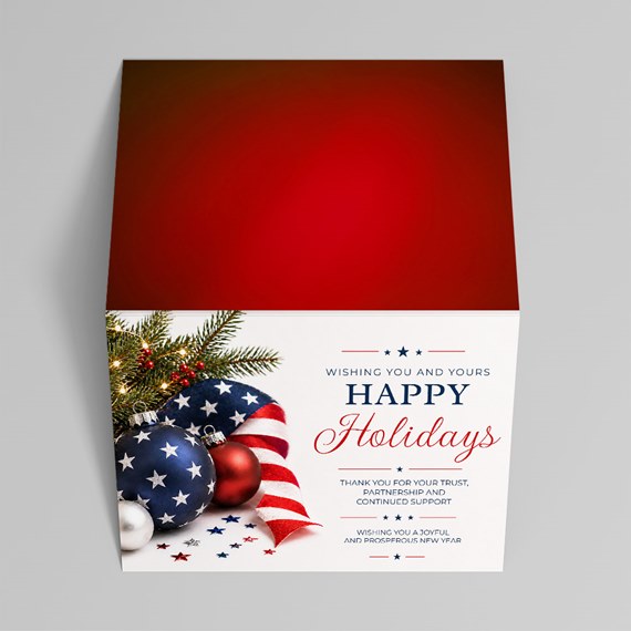 holiday box with ornaments and text