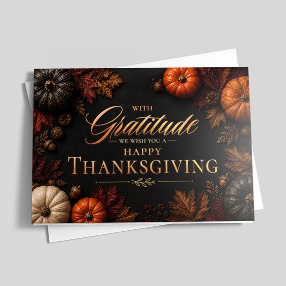 Thanksgiving card with autumn decorations and text