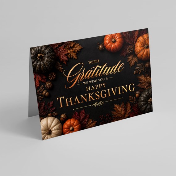 Thanksgiving card with fall leaves and pumpkins