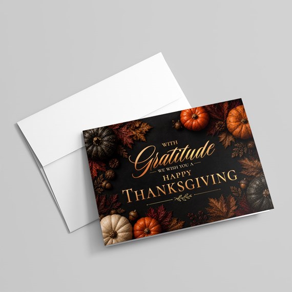 Thanksgiving card with pumpkins and leaves, customizable text area