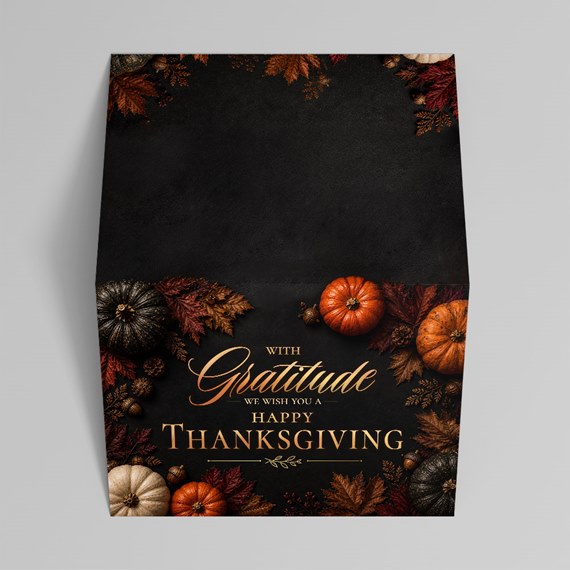 thanksgiving card design with autumn motifs and gold text