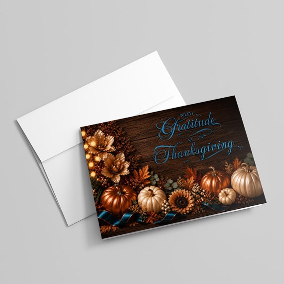 Thanksgiving card with autumn decorations and text