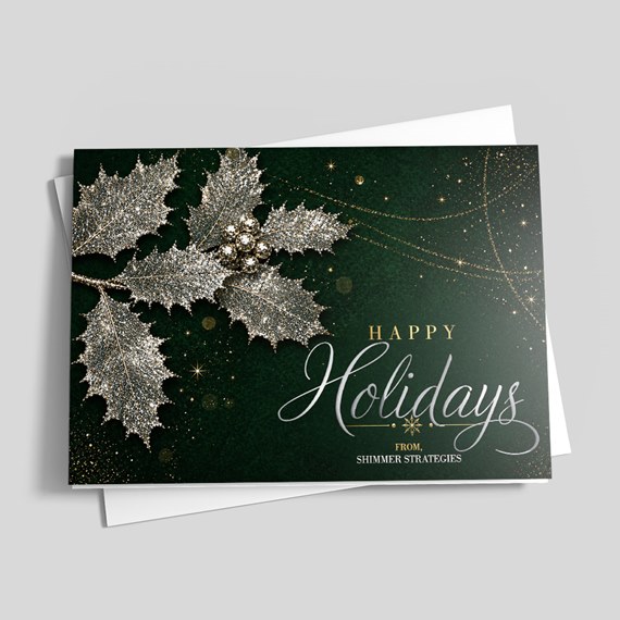 greeting card with holly and glitter design, customizable text area