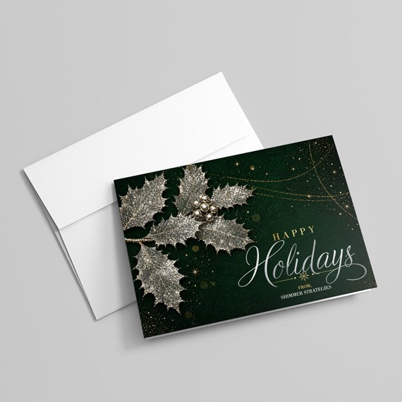 holiday card with glittering holly leaves and gold accents