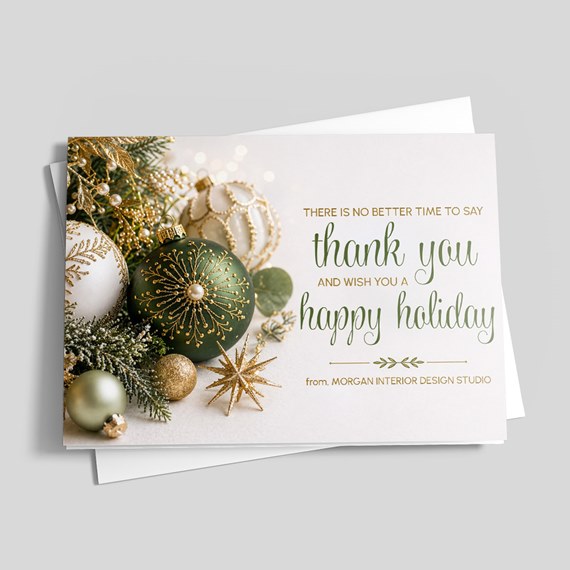 holiday card with decorative ornaments and text