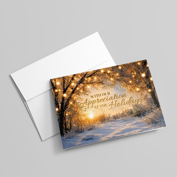 winter holiday card with decorative text and lighted trees