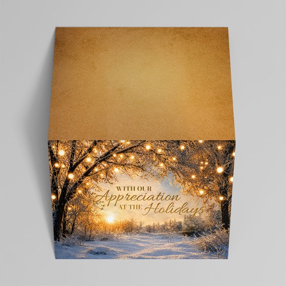 cube box with winter landscape design and text