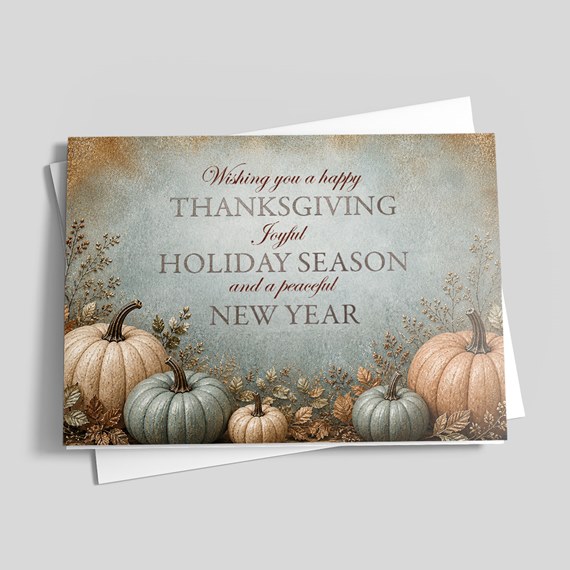 thanksgiving card with pumpkins and autumn leaves