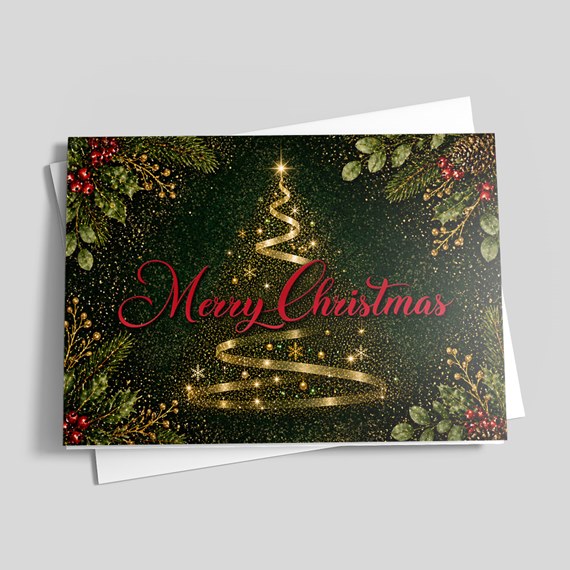 Christmas card design with tree and holly decorations