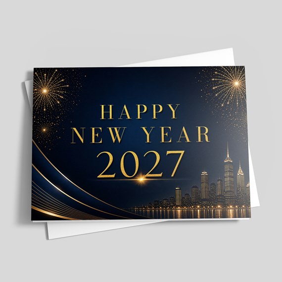 New Year greeting card with fireworks and city skyline