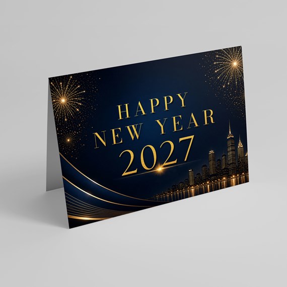 New Year greeting card with skyline and fireworks