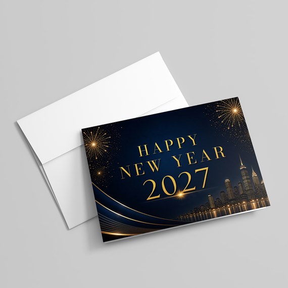 New Year greeting card with skyline and fireworks