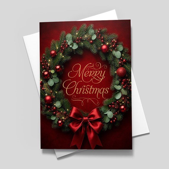 Christmas card with wreath and 'Merry Christmas' text