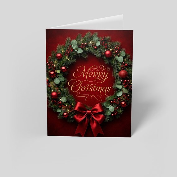 Christmas card with wreath and bow