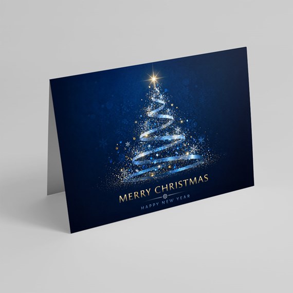 Christmas card with tree design and gold text