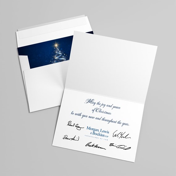 folded card with navy blue Christmas tree design and customizable text area