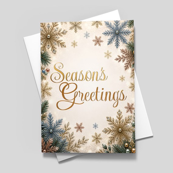greeting card with snowflakes and foliage