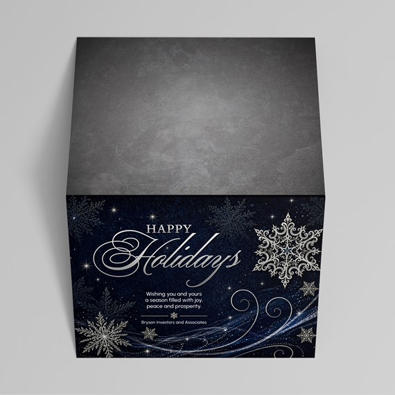 decorative holiday card with snowflakes and elegant text
