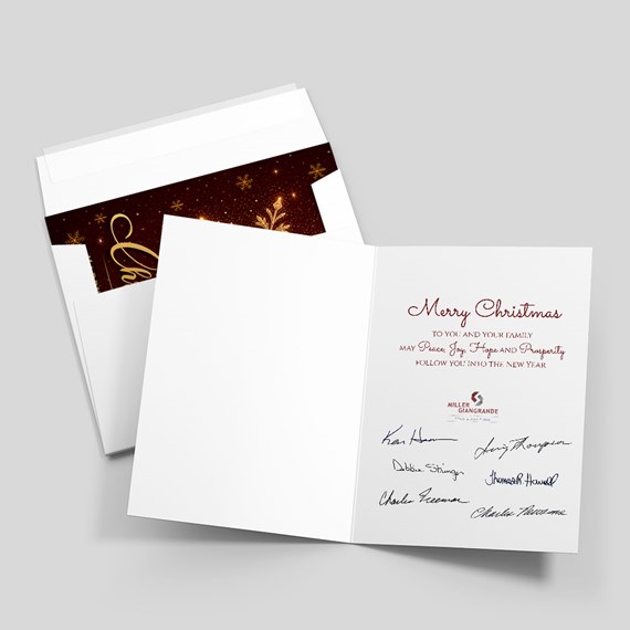 folded greeting card with festive design and signature area