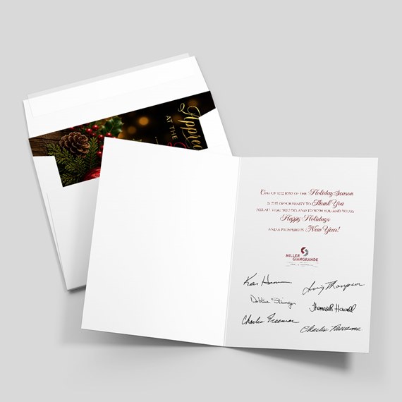holiday card with festive design and customizable text area