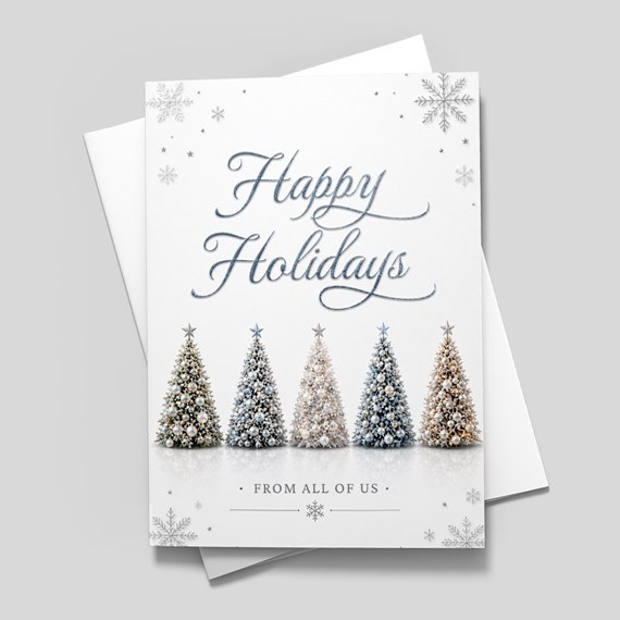 holiday card with decorative trees and text