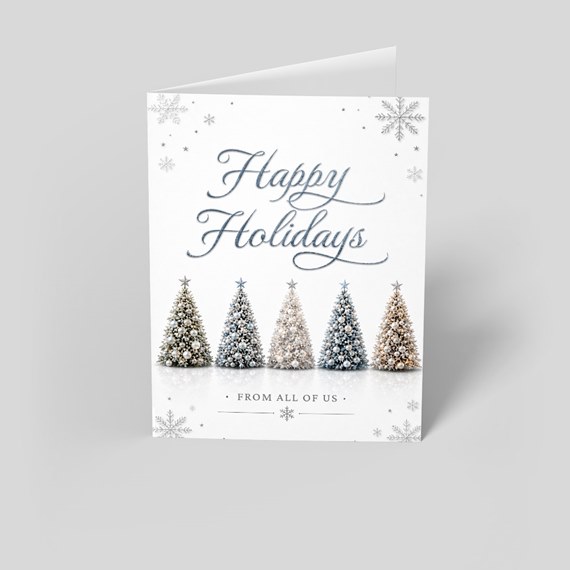 holiday card with tree design and snowflakes