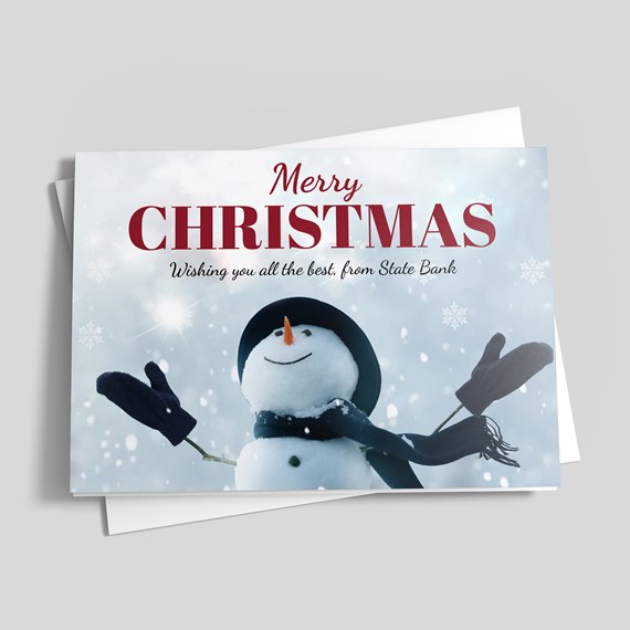 snowman with arms raised, snowy background, merry christmas text
