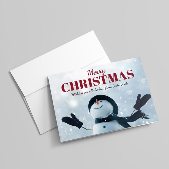 holiday card with snowman and text