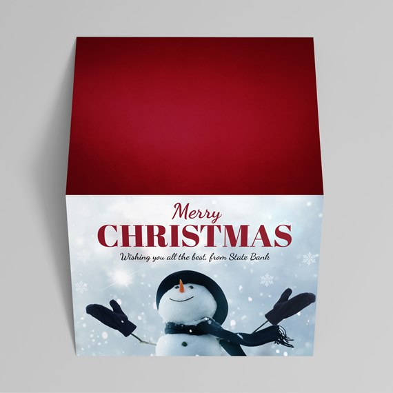 holiday card with snowman and red text