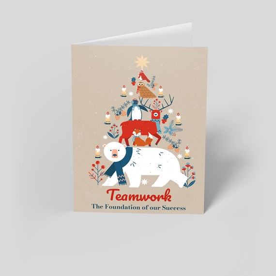 illustrated card with polar bear, deer, penguin, and owl in a winter scene