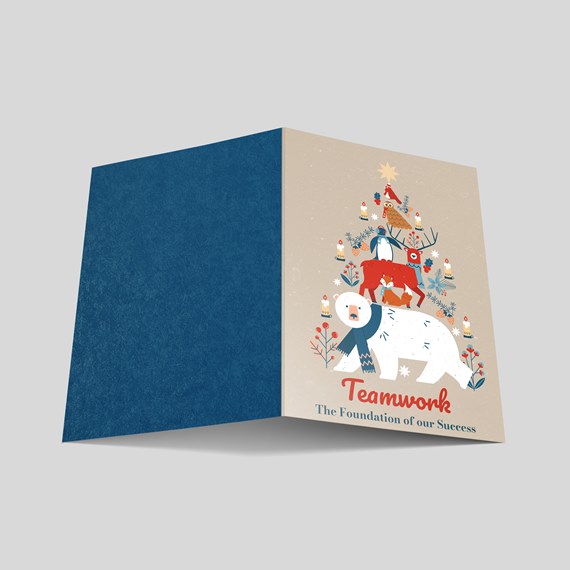 illustrated greeting card with animals and Christmas tree