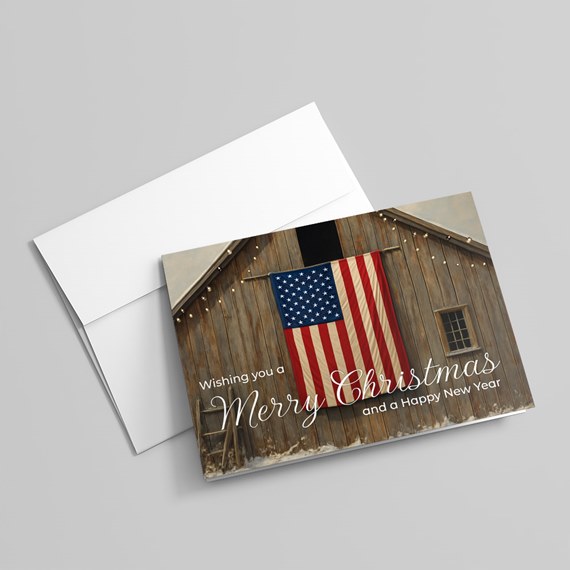 greeting card with rustic barn design and photo placeholder