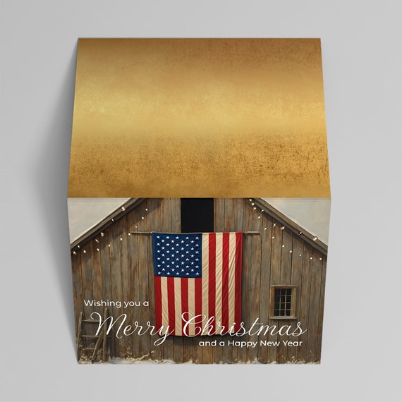 barn with american flag, golden top, holiday greeting