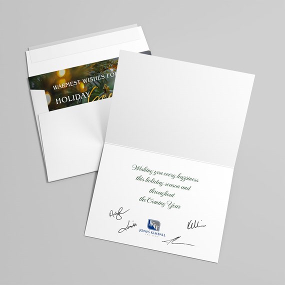 holiday card with printed message and photo area