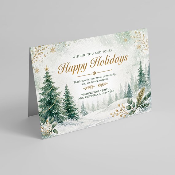 holiday greeting card with snowy landscape and evergreen trees