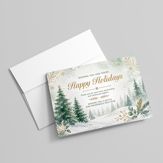 holiday card with evergreen trees and gold text