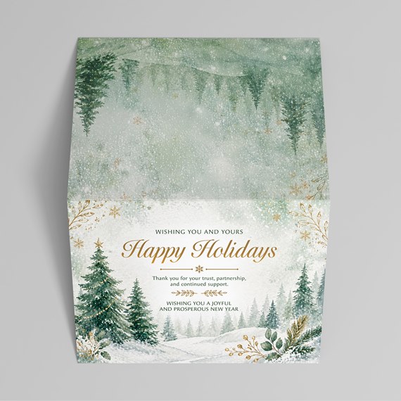 holiday card design with snowy landscape and evergreen trees