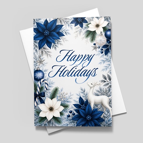 holiday card design with blue and white flowers and deer