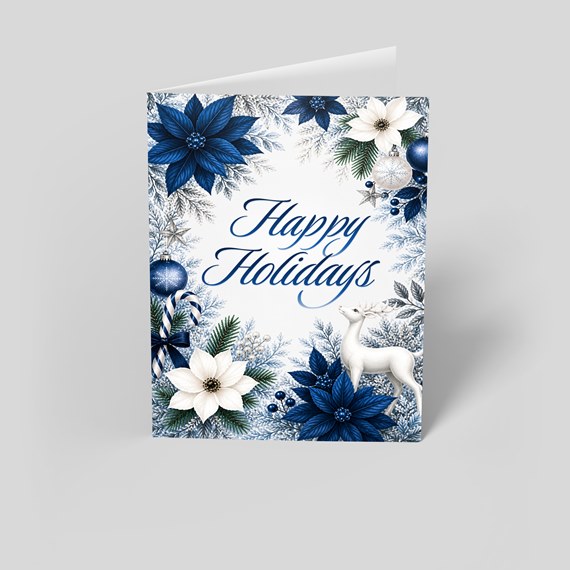holiday card with floral border and deer, customizable text area